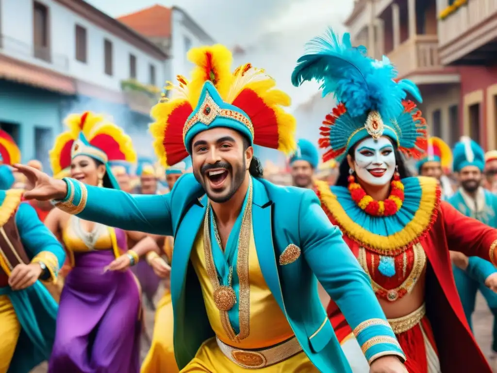 Vibrante escena del Carnaval Uruguayo: parodistas en llamativos trajes bailando entre la multitud, energía y creatividad impactantes