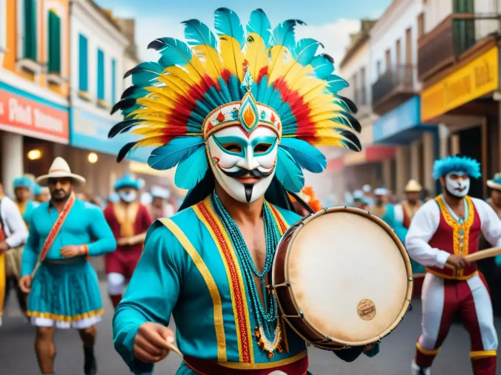 Vibrante escena del Carnaval Uruguayo con máscaras artesanales y coloridos trajes