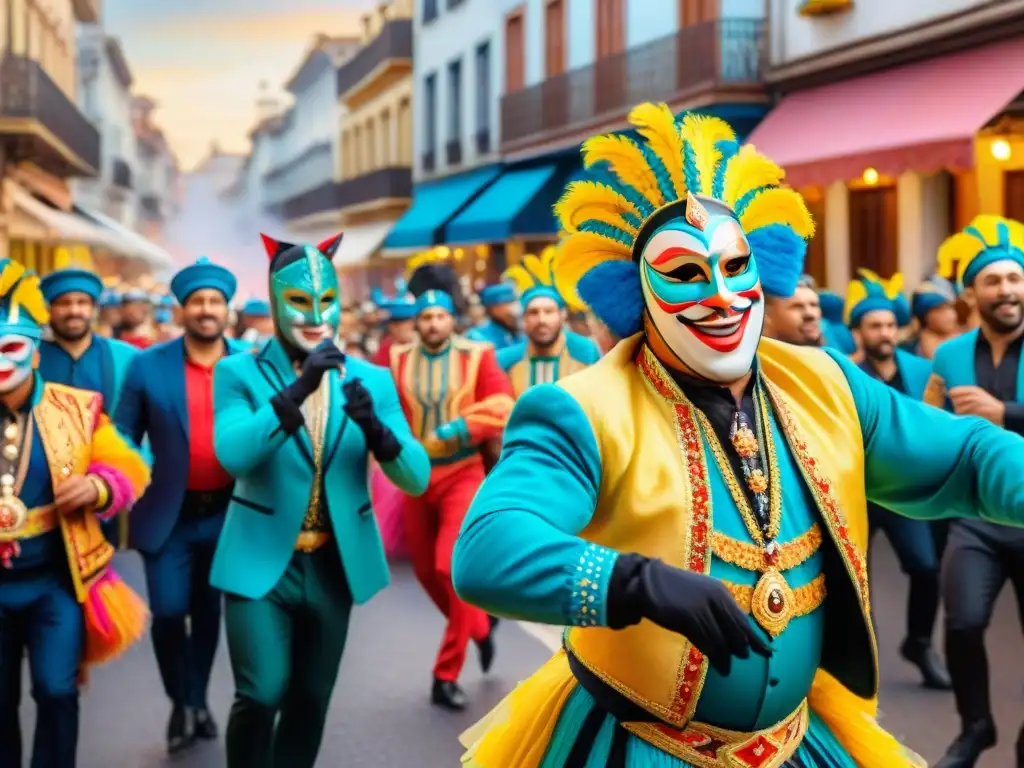 Vibrante escena de Carnaval Uruguayo con bailarines, música y multitudes