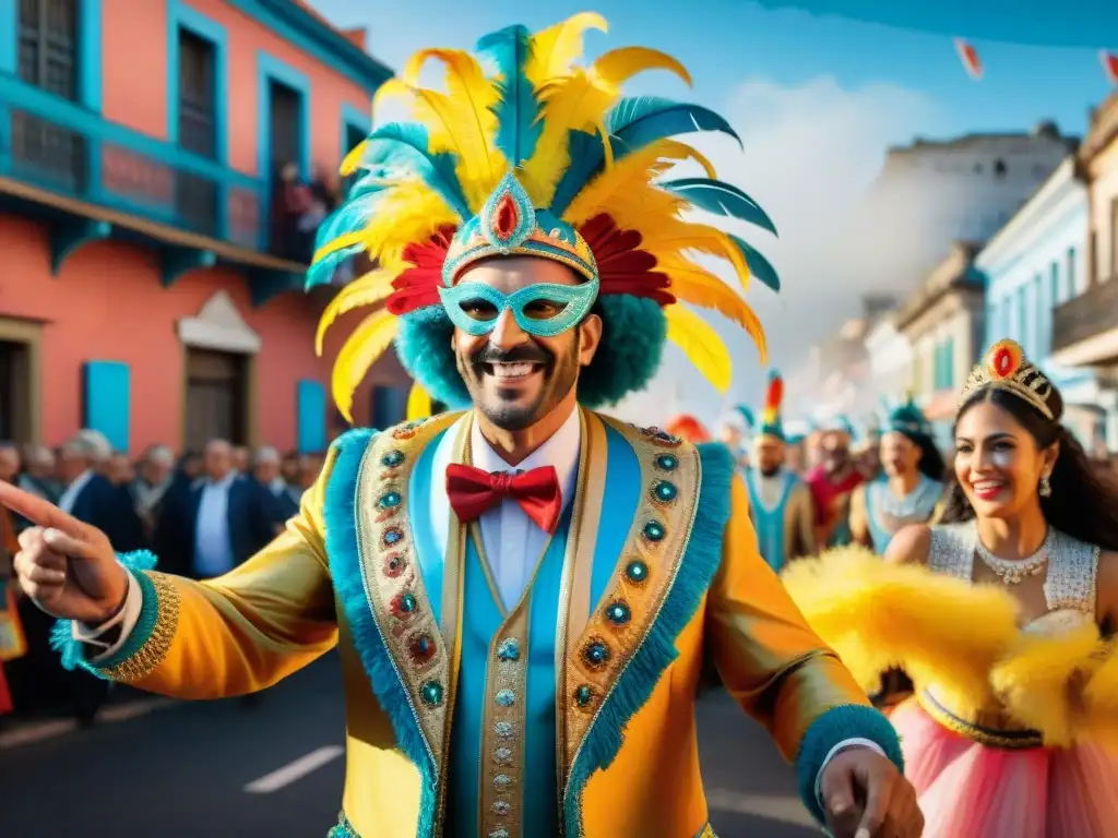 Una vibrante escena del Carnaval Uruguayo, con personas de todas las edades en trajes tradicionales, celebrando juntas