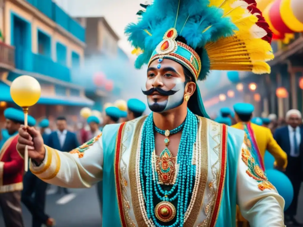 Vibrante escena del Carnaval Uruguayo con carrozas coloridas, bailarines y música tradicional