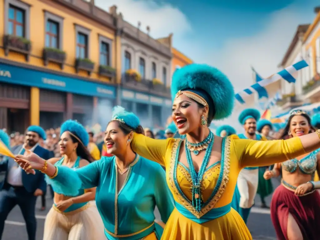 Vibrante escena de Carnaval Uruguayo con Marketing de guerrilla en la calle llena de coloridos trajes y banderas