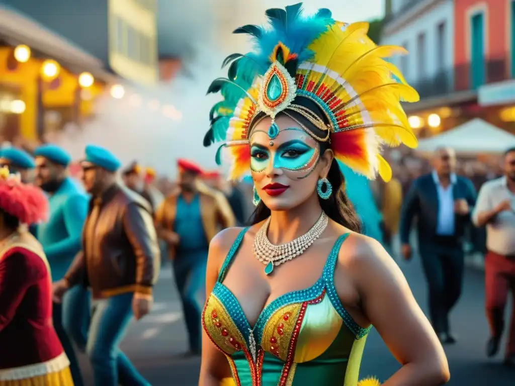 Vibrante escena del Carnaval Uruguayo, con bailarines y espectadores disfrutando