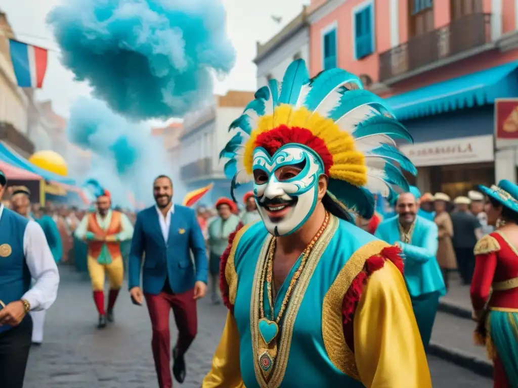 Vibrante escena del Carnaval Uruguayo con trajes coloridos y bailarines en las calles