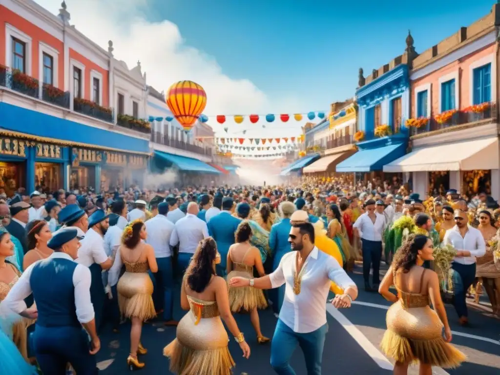 Vibrante escena del Carnaval Uruguayo con coloridos desfiles y espectadores bajo cielo azul