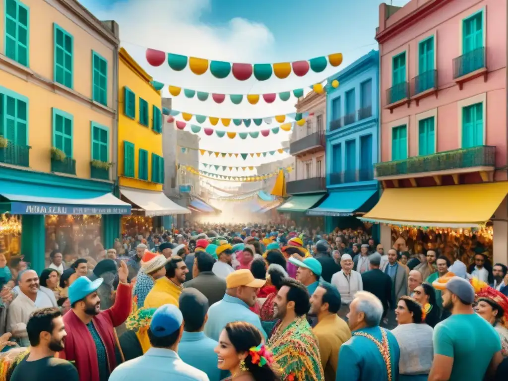 Vibrante escena del Carnaval Uruguayo en Montevideo: desfiles, coloridos trajes, edificios detallados y alegría festiva