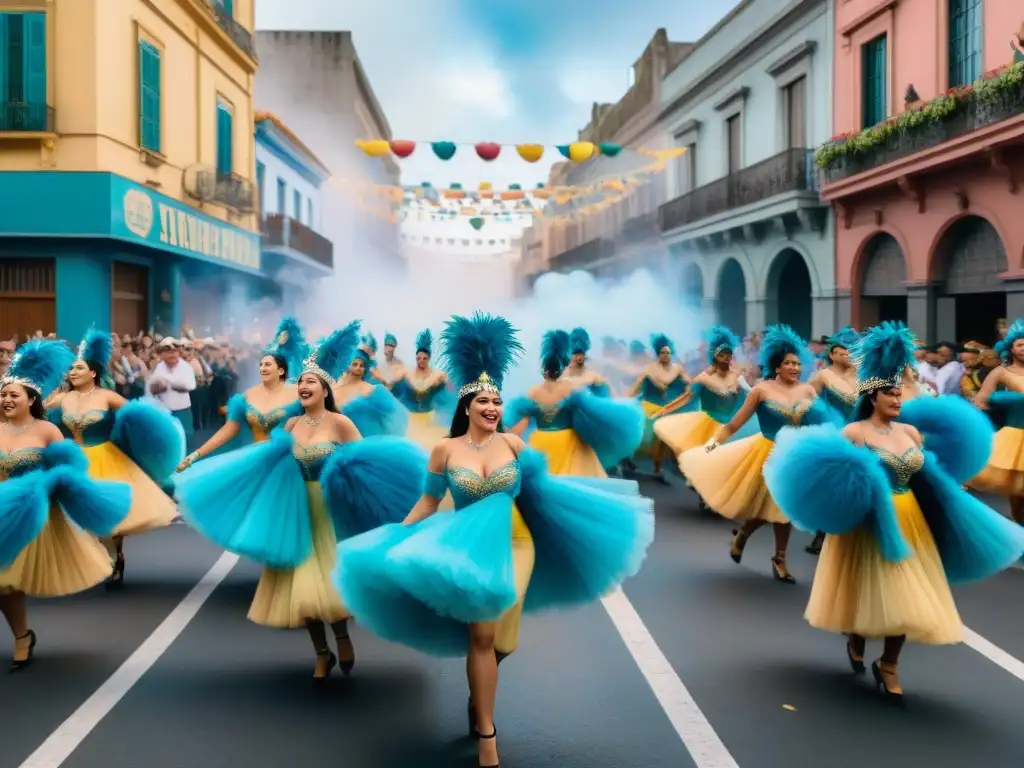 Una vibrante escena del Carnaval Uruguayo: bailarines, tambores, confeti y arquitectura colonial en Montevideo