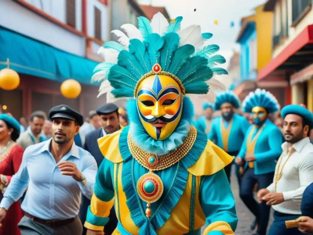 Vibrante escena del Carnaval Uruguayo con familias en trajes coloridos disfrutando de la música y baile