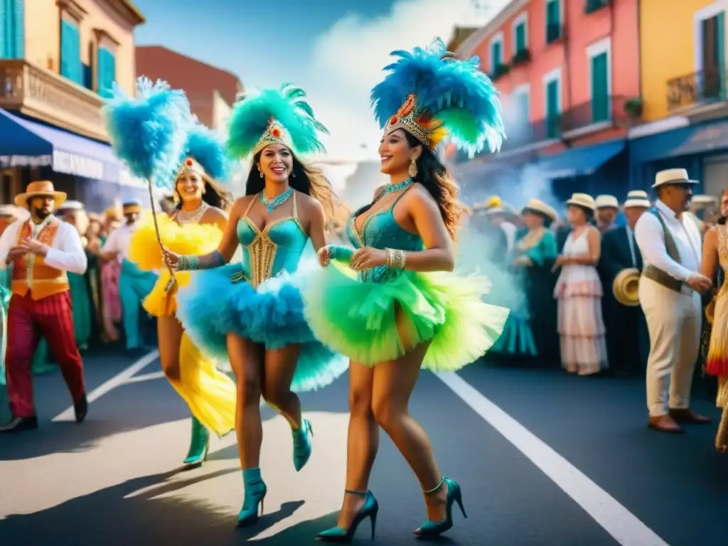 Vibrante escena del Carnaval Uruguayo: bailarines, música y coloridos vestuarios