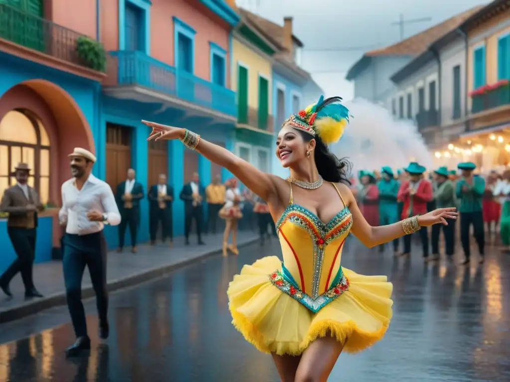 Vibrante escena del Carnaval Uruguayo: bailarines, música y emoción en momentos espontáneos únicos