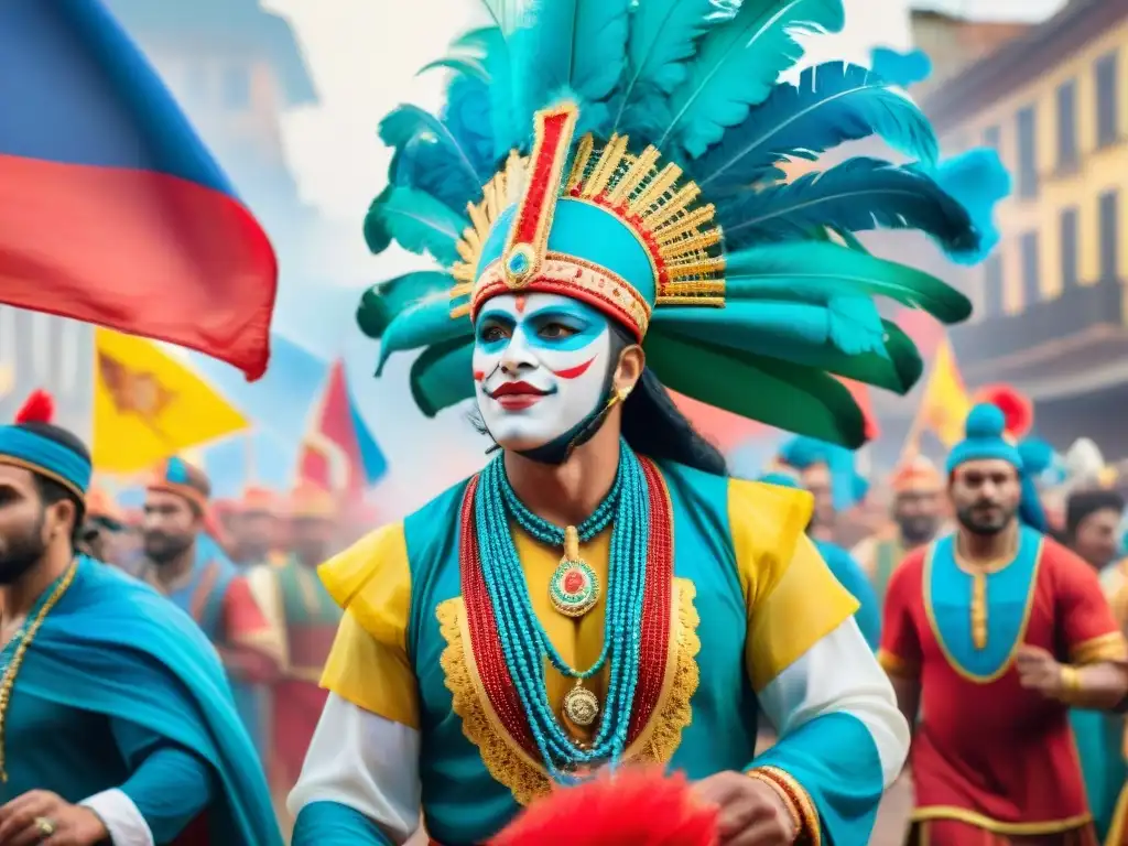 Vibrante escena de Carnaval Uruguayo con paleta de colores típicos: rojo, azul, amarillo y verde