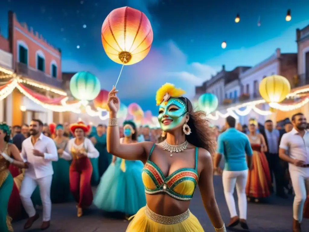 Vibrante escena del Carnaval Uruguayo noche estrellas: baile, coloridos trajes y faroles iluminando el cielo nocturno