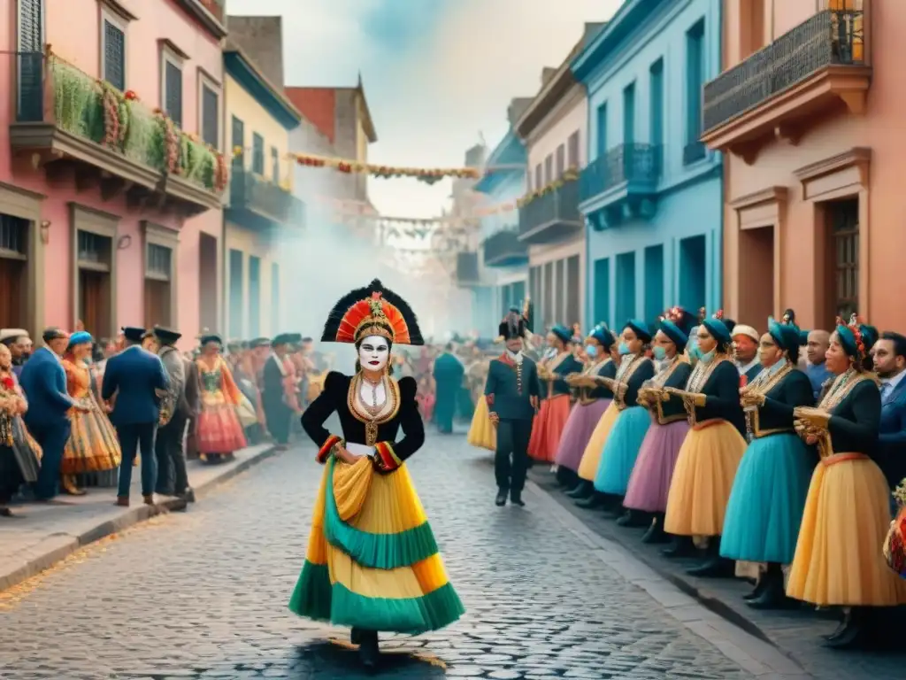 Vibrante escena del Carnaval Uruguayo con músicos, bailarines y espectadores en calles históricas empedradas