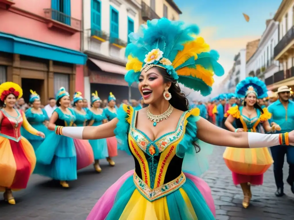 Vibrante escena del Carnaval Uruguayo con danzantes y espectadores