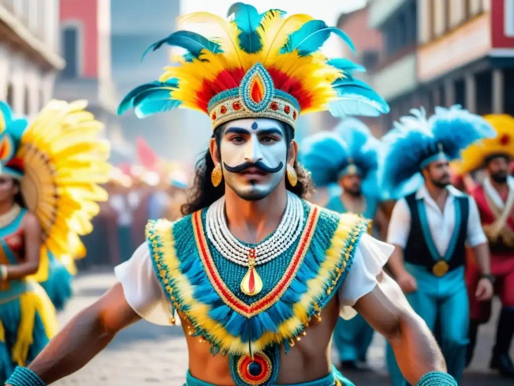 Una vibrante escena de desfile en el Carnaval de Uruguay, con diseñadores de trajes, colores y energía festiva