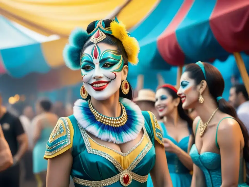 Vibrante escena detrás del escenario en un carnaval uruguayo, reflejando la vida de los artistas carnavaleros con camaradería y emoción