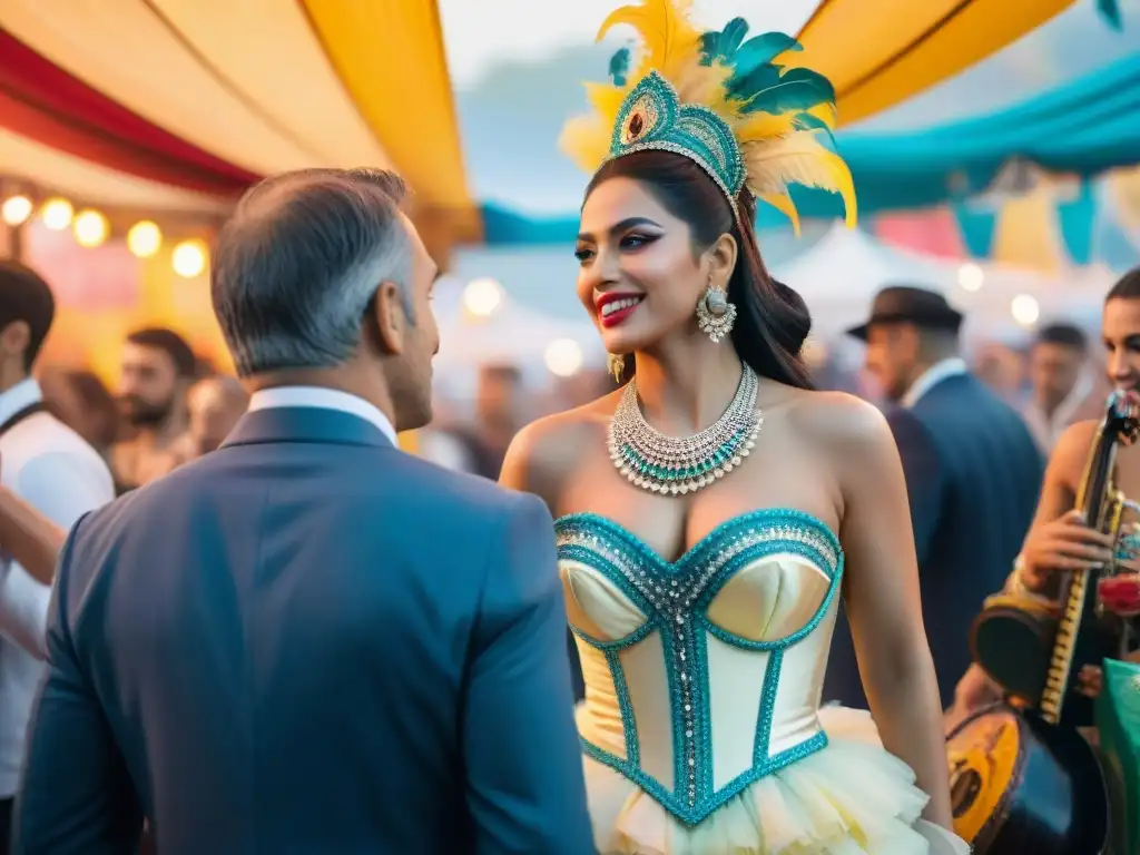 Vibrante escena detrás del escenario en un carnaval uruguayo, con artistas preparándose y una atmósfera llena de emoción