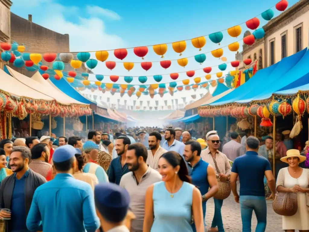 Vibrante escena de mercado en el Carnaval Uruguayo con artesanías coloridas y música tradicional