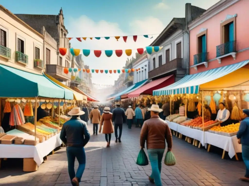 Vibrante escena de mercado en el Carnaval Uruguayo, con artesanías bajo toldos rayados y figurillas de cerámica