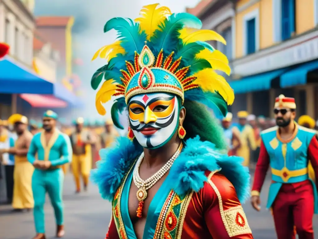 Vibrante escena de murgas en Carnaval con detallados trajes y pinturas faciales