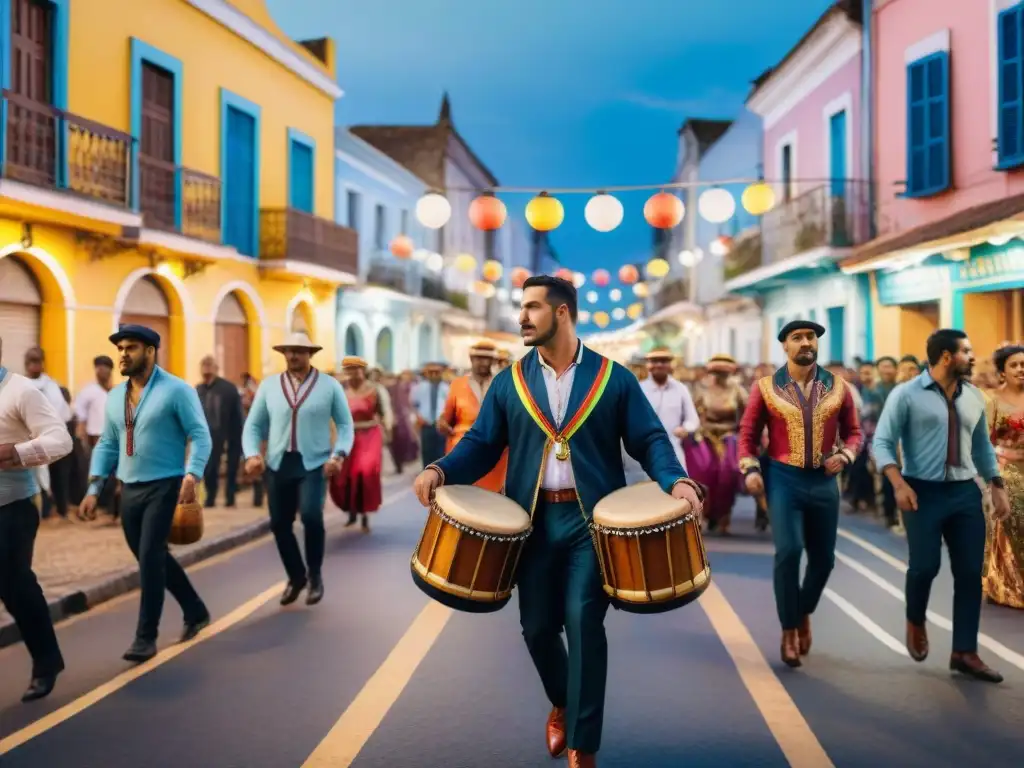 Vibrante escena nocturna en Uruguay durante el Carnaval, con gente bailando y tocando tambores en la Ruta del tambor Carnaval Uruguayo