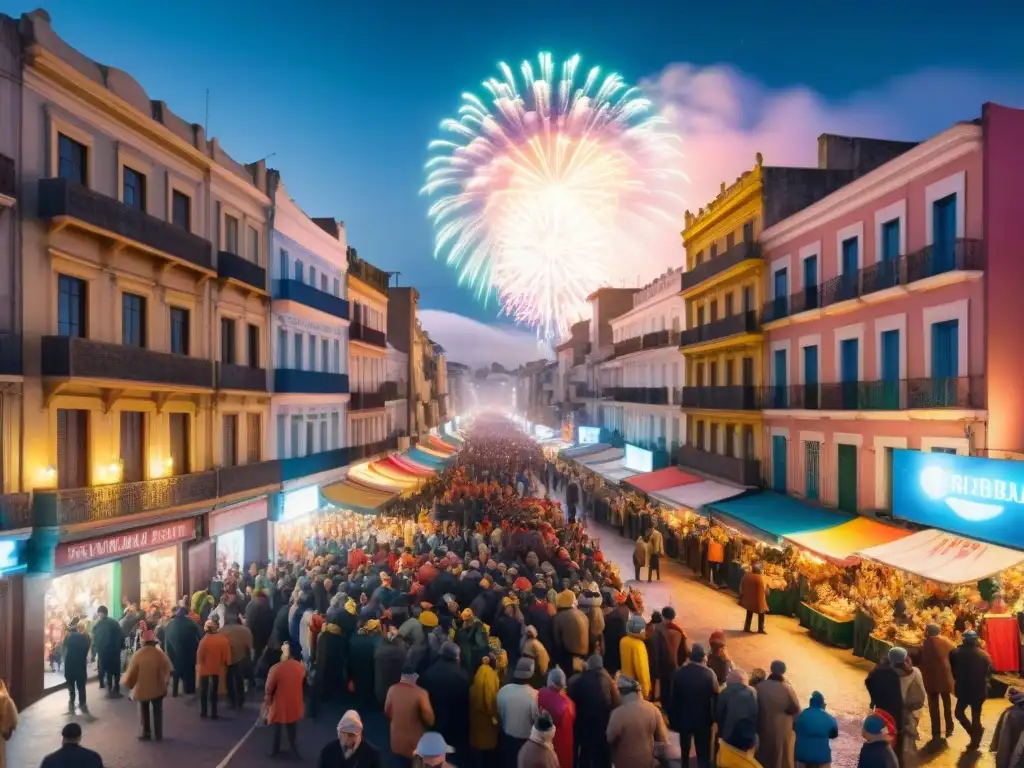 Vibrante escena nocturna de preparativos para el Carnaval Uruguayo en Montevideo