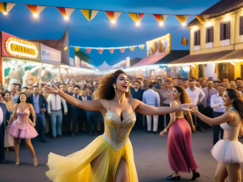 Vibrante escena de tablado del Carnaval Uruguayo con murgas y humoristas, colores y alegría en el ambiente