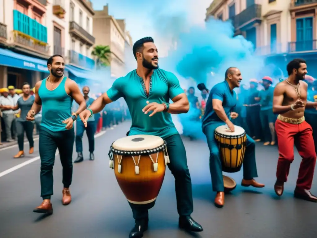 Vibrante escena de tamborileros en Montevideo, Uruguay, reflejando el origen y evolución del Candombe