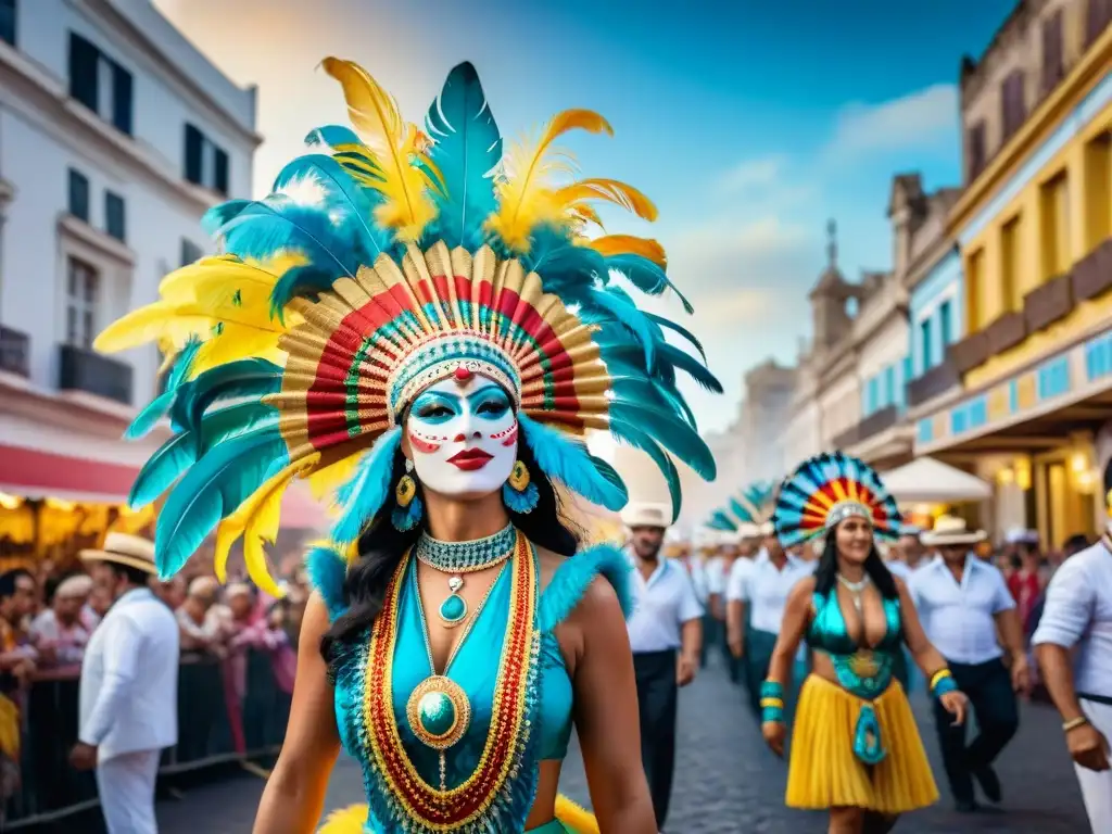 Vibrante escena urbana del Carnaval en Uruguay con bailarines, músicos y espectadores