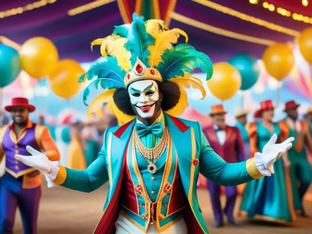 Un vibrante escenario de carnaval con artistas en trajes coloridos y poses dinámicas, reflejando técnicas de actuación en revistas