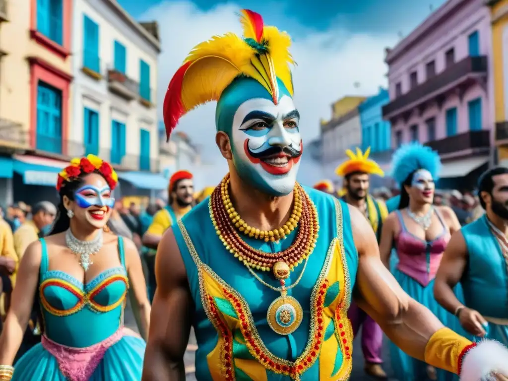 Un vibrante escenario de carnaval en Uruguay con murgueros, disfraces coloridos y la energía de Montevideo