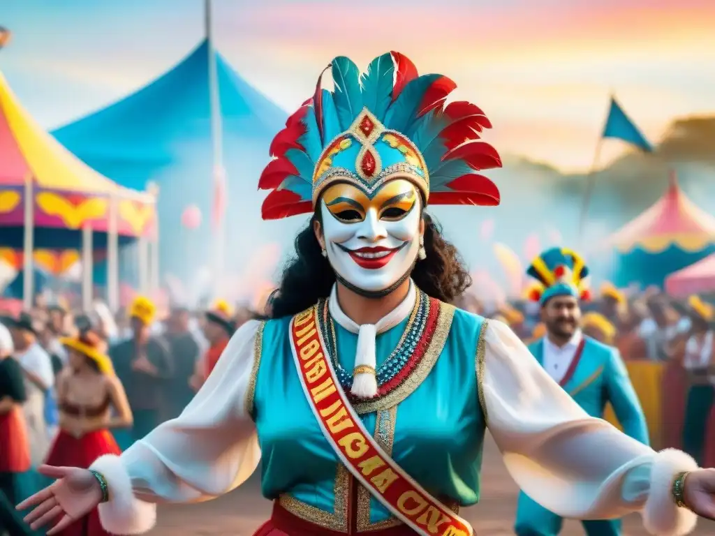 Un vibrante escenario de carnaval uruguayo, con detalles coloridos y bailarines animados en tablados virtuales Carnaval Uruguayo