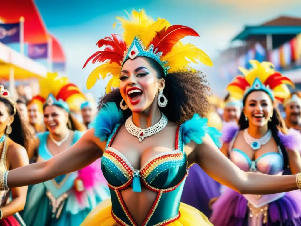 Un vibrante escenario de mujeres diversas en trajes de carnaval, celebrando con energía y unidad en el Carnaval Uruguayo