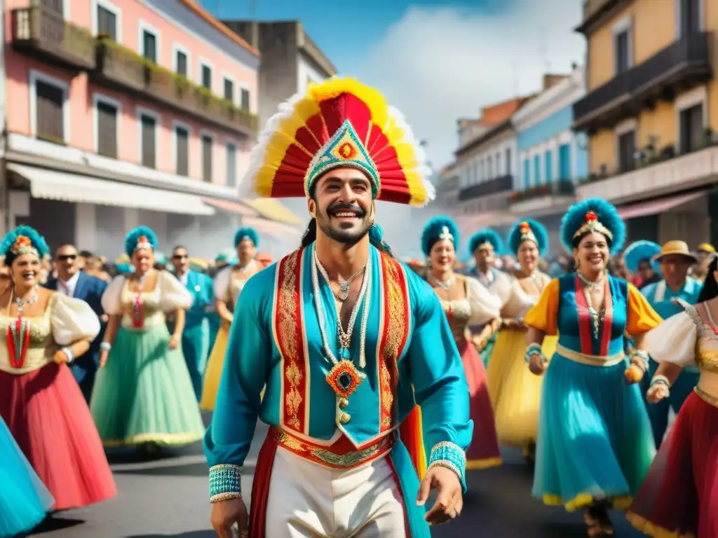 Un vibrante escenario de murgueros en el carnaval uruguayo, celebrando con jerga y música