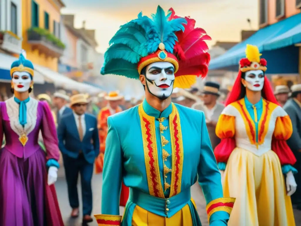 Vibrante experiencia zancudos carnaval Uruguay: detallada acuarela de desfile colorido