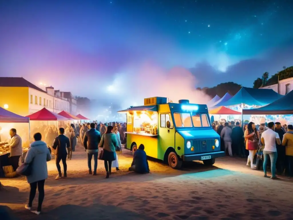 Un vibrante festival de food trucks en el Carnaval de Uruguay, bajo un cielo estrellado