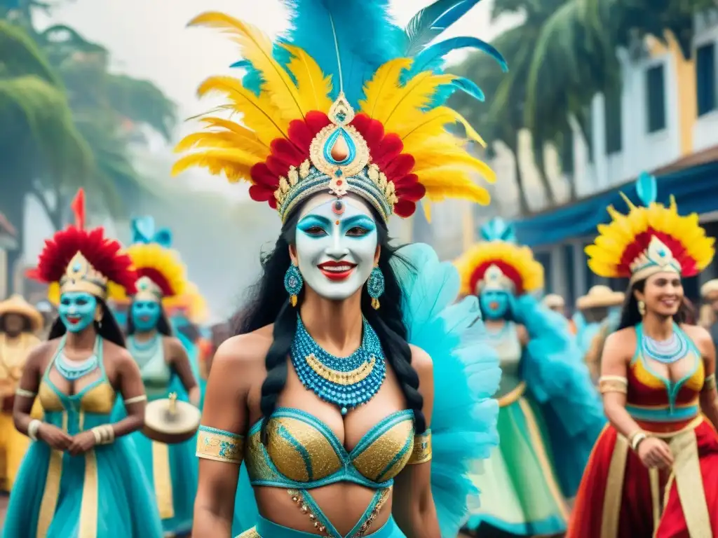 Una vibrante fusión de influencia religiosa en el Carnaval Uruguayo, con coloridos trajes, máscaras y música en un desfile lleno de alegría