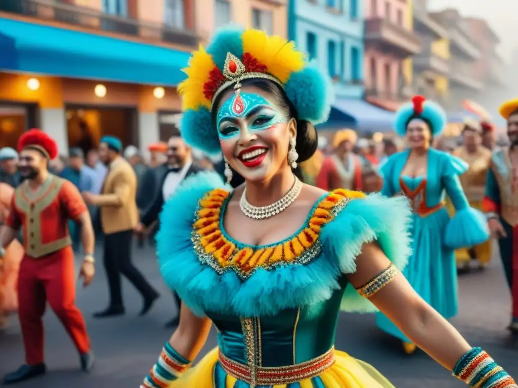 Vibrante ilustración acuarela de gente bailando en Carnaval Uruguayo, look perfecto Carnaval Uruguayo