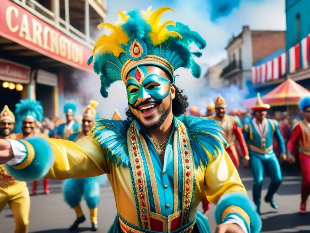 Vibrante grupo de artistas del Carnaval Uruguayo celebrando con alegría y energía en un desfile colorido