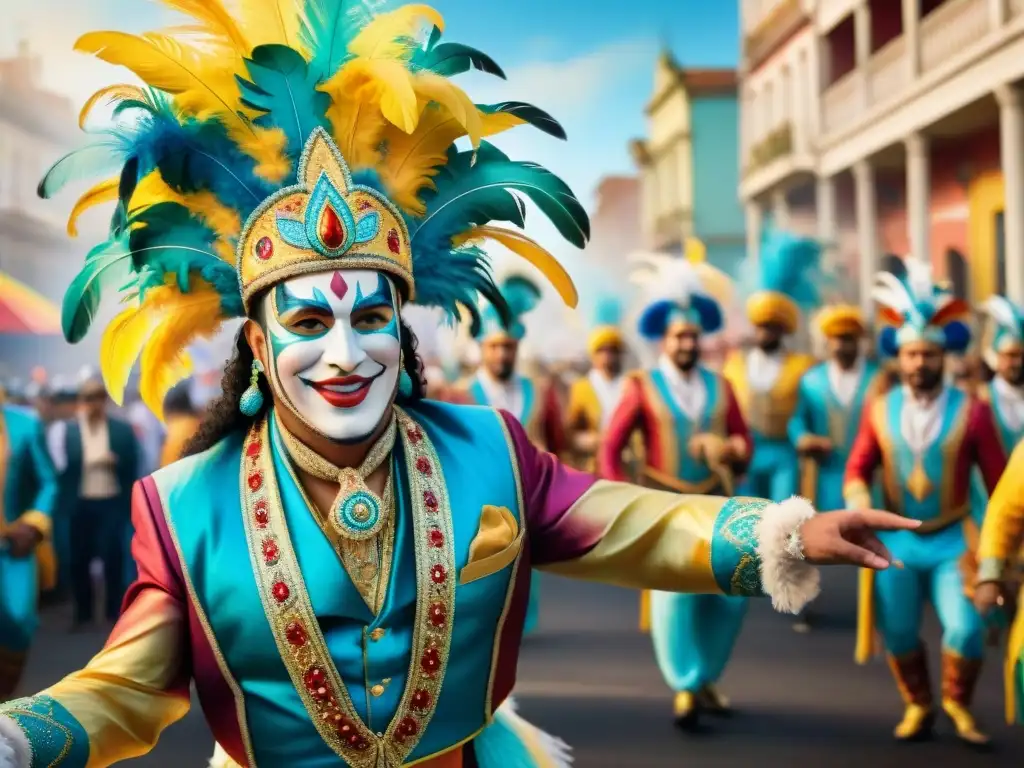 Vibrante grupo de artistas de Carnaval en Uruguay con influencia de diásporas, trajes coloridos y dinamismo