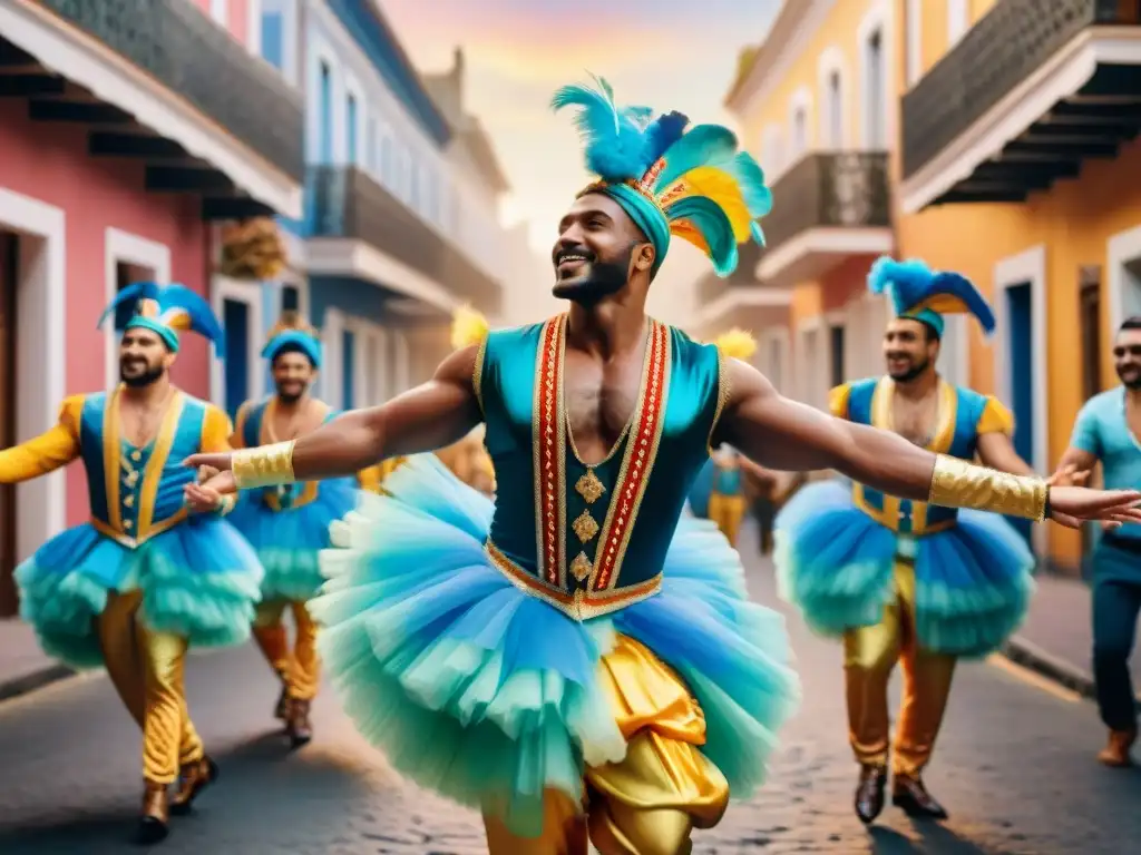 Un vibrante grupo de artistas en Uruguay, ensayando un dinámico baile callejero en trajes de carnaval