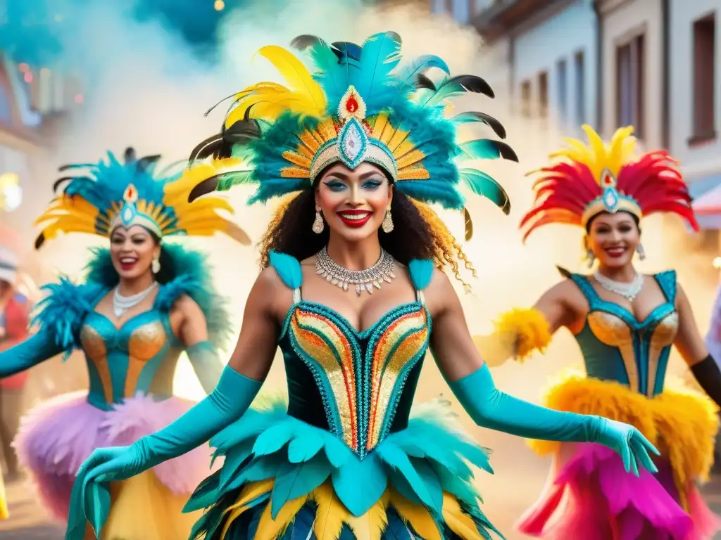 Un vibrante grupo de bailarines de carnaval con trajes elaborados, plumas y lentejuelas, celebrando la creatividad y la tradición