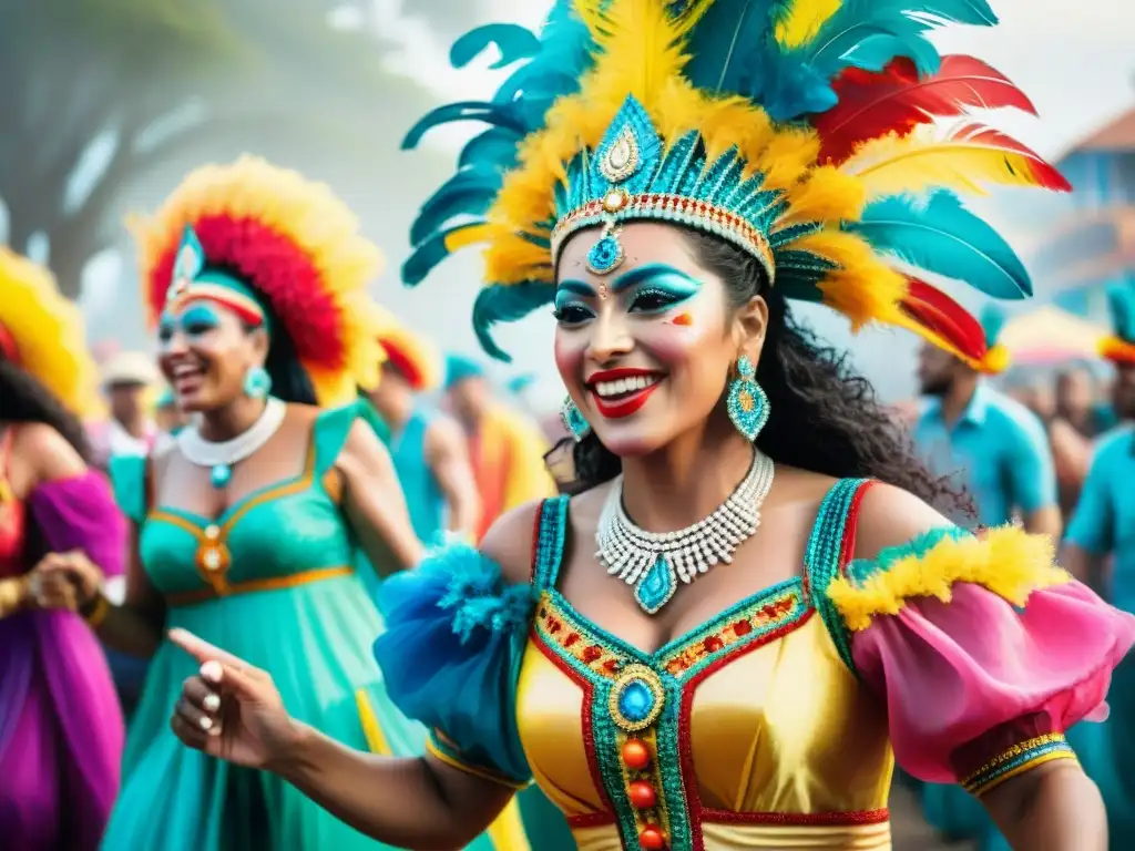 Una ilustración acuarela vibrante de un grupo bailando con coloridos trajes en el Carnaval Uruguayo, captando la energía festiva y la hidratación en el ambiente