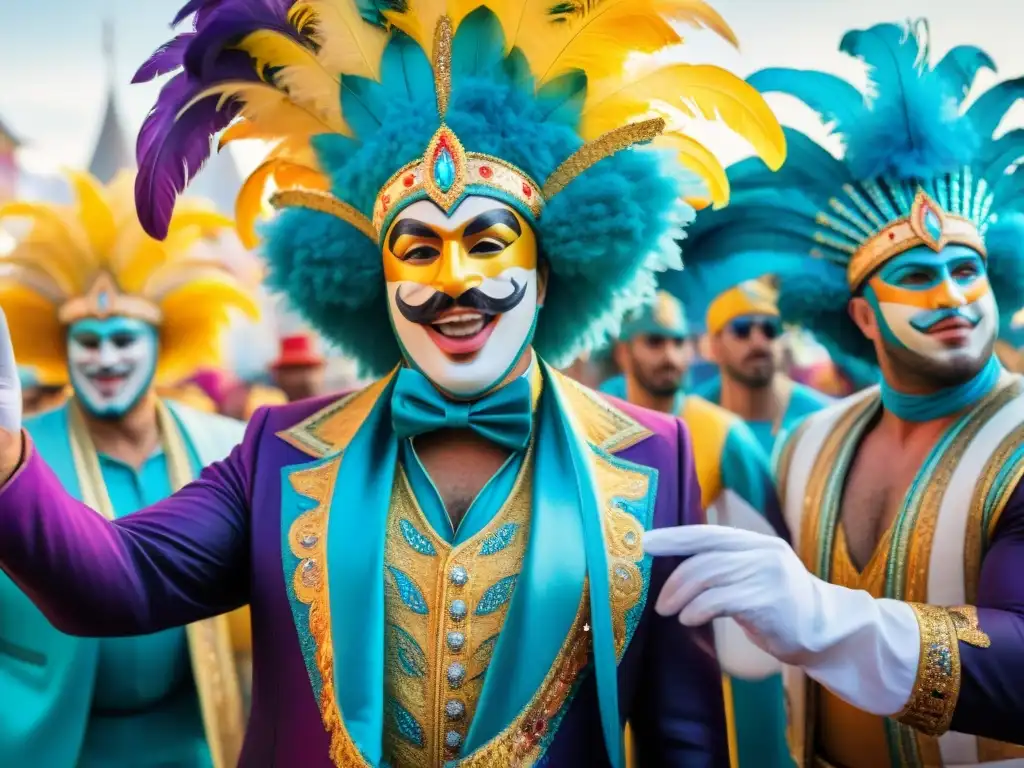 Un vibrante grupo de Directores de escena carnaval Uruguay en animada discusión frente a una colorida carroza de carnaval