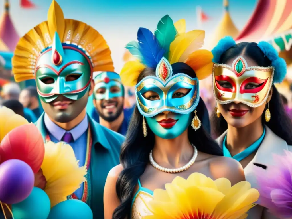 Una ilustración acuarela vibrante de un grupo diverso con máscaras inclusivas destacadas del Carnaval Uruguayo