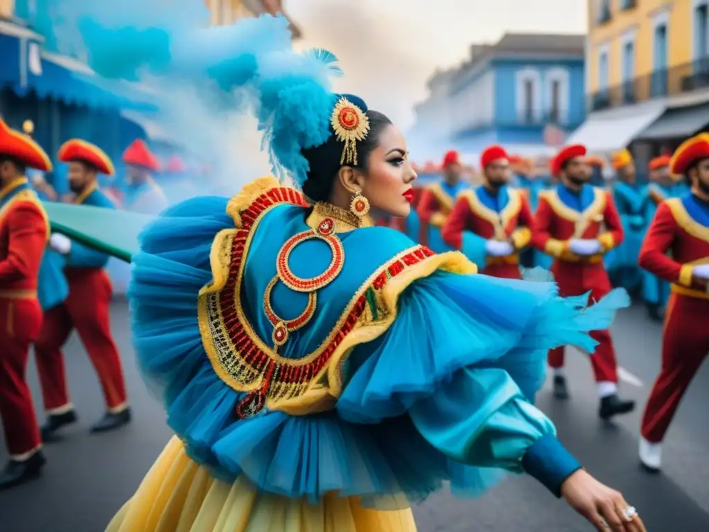 Una vibrante historia de danza en el Carnaval Uruguayo, con trajes elaborados y música animada en las coloridas calles