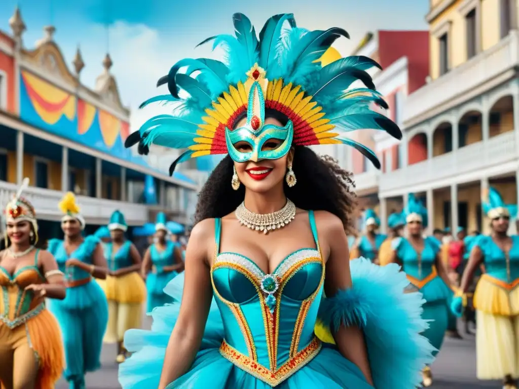 Una ilustración acuarela vibrante que muestra la historia y evolución de los trajes de carnaval uruguayo, desde mascaras tradicionales coloridas hasta diseños modernos con detalles elaborados y plumas