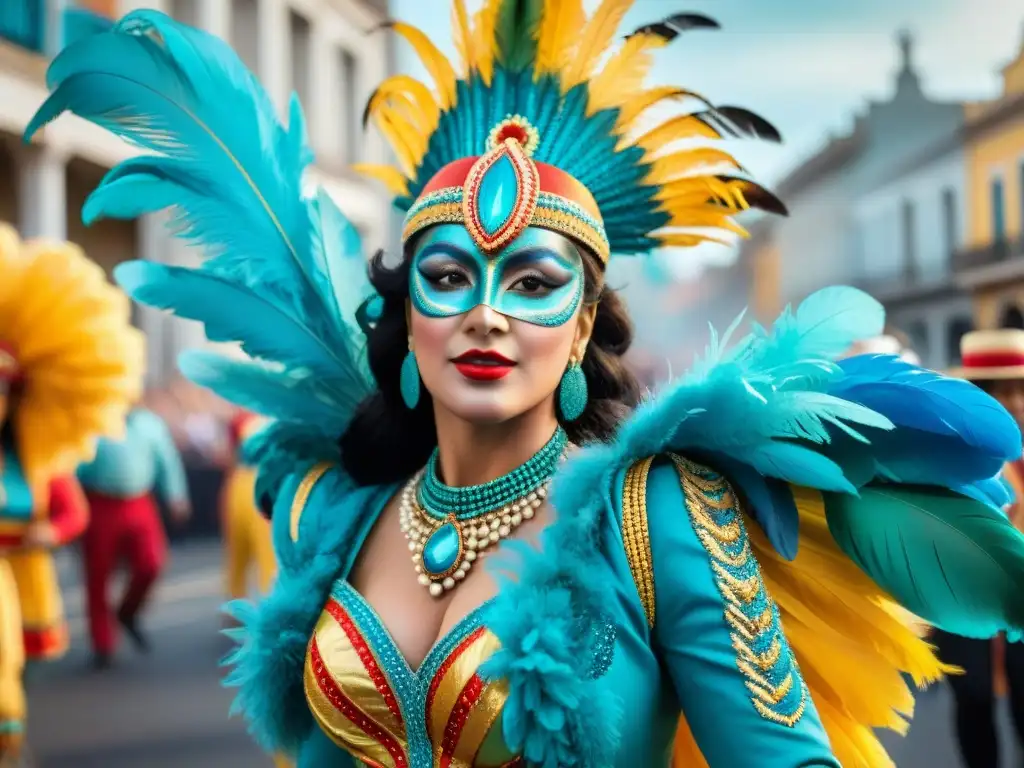 Una vibrante historia de trajes vedettes en el Carnaval de Uruguay, capturada en acuarela