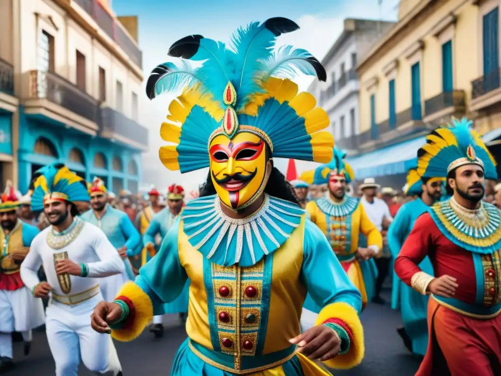 Una ilustración acuarela vibrante del impacto social del Carnaval Uruguayo en Montevideo, con máscaras, tambores y bailarines coloridos