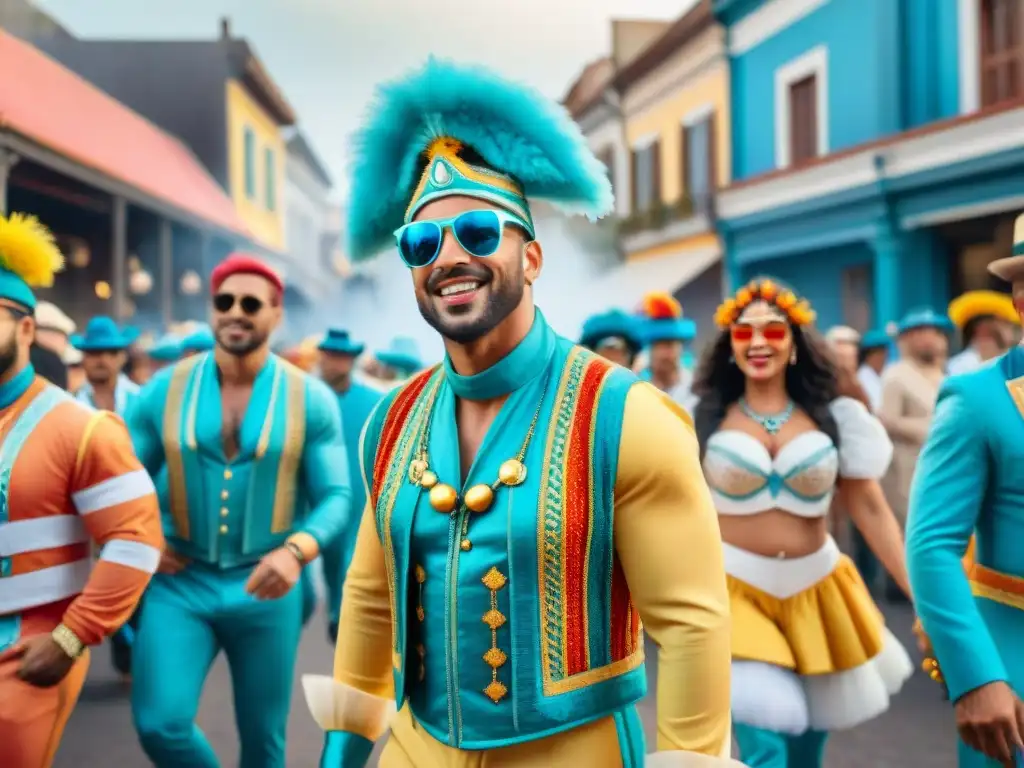 Una ilustración acuarela vibrante de influencers promocionando el Carnaval Uruguayo, con trajes coloridos y una audiencia cautivada en la fiesta